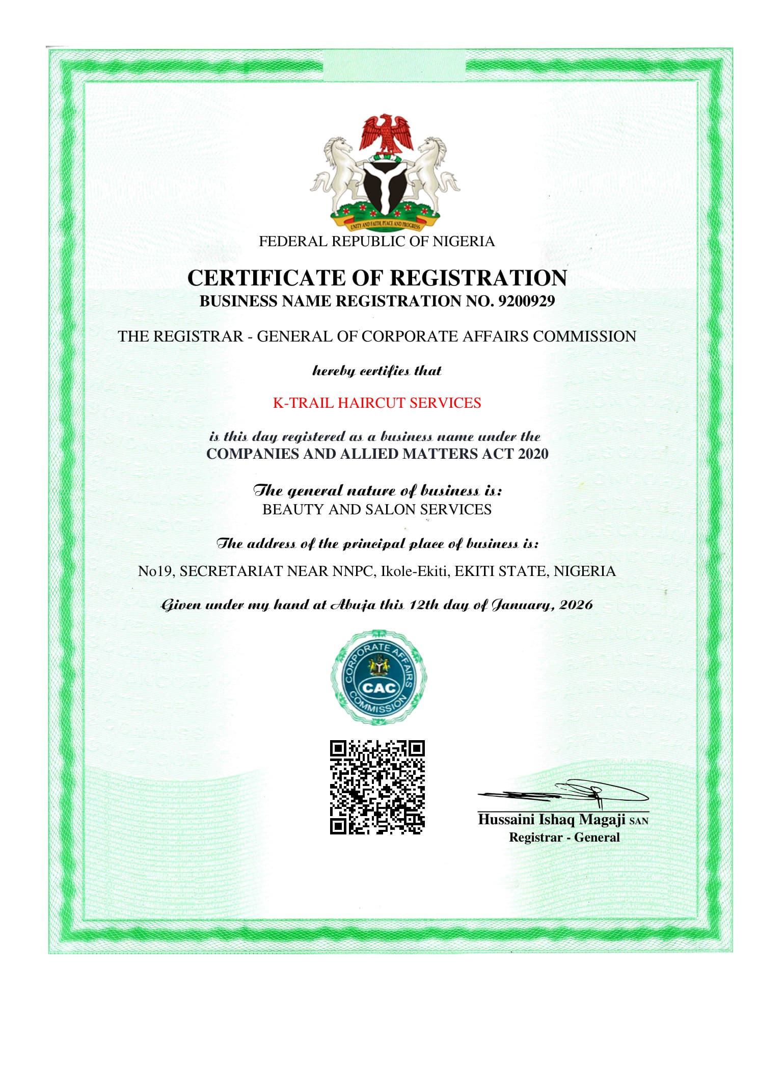 K-TRAIL HAIRCUT SERVICES CAC registration certificate